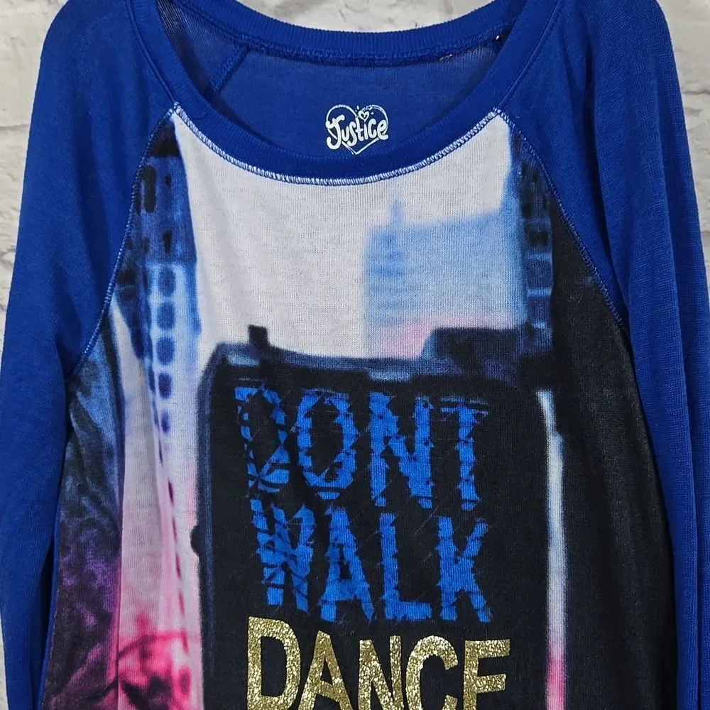 Justice Girls 12 Blue Glitter Dance Top Long Sleeve Knit Sweater Graphic Tee